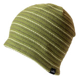 Green and white striped Sherpa Fleece-Lined Beanie hat with a visible brand tag on the side.