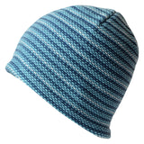 Sherpa blue and gray striped knit beanie hat with warm fleece lining isolated on a white background.