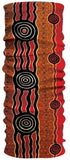 A red and black Headsox Australian Indigenous Art neck gaiter featuring an Aboriginal Desert art design.