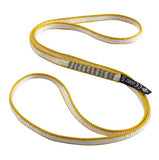 A coiled yellow and white abrasion-resistant climbing rope with a Black Diamond label, isolated on a white background.