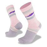 A pair of women's Wilderness Wear Grampians Peaks Hiker socks with purple and pink stripes.