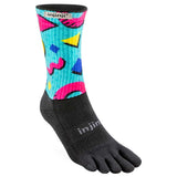 A women's Injinji SPECTRUM TRAIL Midweight Crew sock with colorful designs, perfect for hiking.