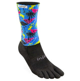 A pair of Injinji SPECTRUM TRAIL Midweight Crew socks with flamingos, perfect for long runs on the beach.