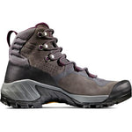 A Mammut Women's Sapuen High GTX Hiking Boot in gray and black with purple laces and metal eyelets, featuring a rugged Vibram® sole and ankle support, perfect for outdoor adventures.