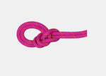 A colorful Mammut 9.5 Crag Dry Rope is tied into a secure knot against a plain white background, perfect for sport climbing.