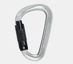 A Mammut Classic HMS Twistlock Plus Carabiner by Mammut, featuring a silver body and black twist-lock mechanism, set against a white background.