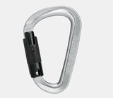 A Mammut Classic HMS Twistlock Plus Carabiner by Mammut, featuring a silver body and black twist-lock mechanism, set against a white background.