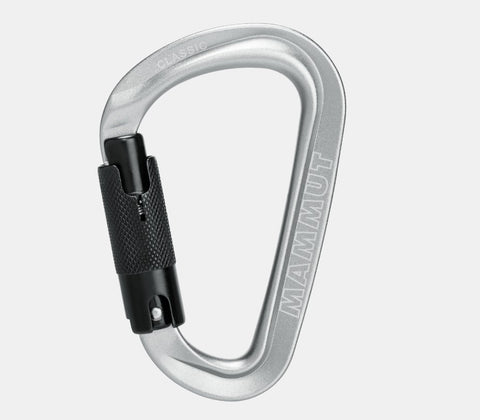 A Mammut Classic HMS Twistlock Plus Carabiner by Mammut, featuring a silver body and black twist-lock mechanism, set against a white background.