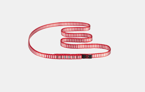 The Mammut Tubular Sling 16.0, a red and white striped climbing sling from Mammut, is shown in a wavy pattern on a plain white background—a durable classic with a 22 kN breaking load.