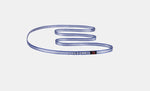 The Mammut Tubular Sling 16.0, a blue and white striped climbing sling from Mammut, is shown in an S-shape on a plain white background. With a breaking load of 22 kN, it offers reliable strength for your climbs.