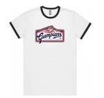 A white Absolute Outdoors Men's Grampians Frontier Tee with the word champions on it, designed by celebrated artist, Machine Printers.