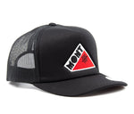A black trucker hat with a red triangle Mont Heritage Logo Cap.