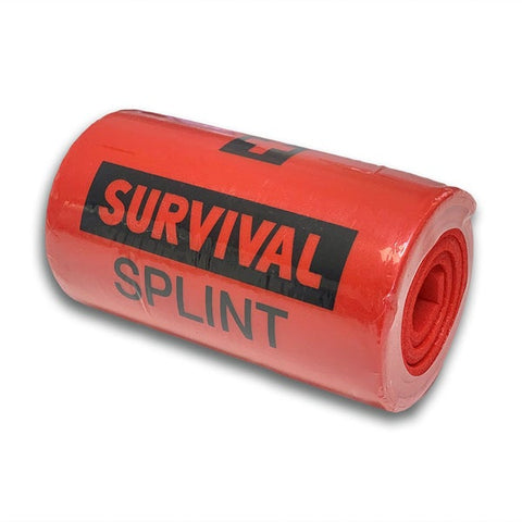 A bright red rolled-up Survival Moldable Splint with "Survival First Aid" printed in black letters on the front, ideal for first aid essentials to immobilise a limb.