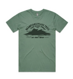 A green t-shirt with the words "Absolute Outdoors Grampians Peaks Trail Men's Tee" by Machine Printers on it.