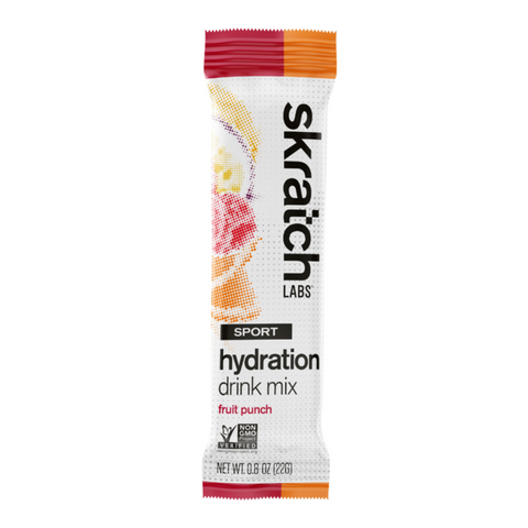 Package of Skratch Labs Sport Hydration Mix single serve with electrolytes, fruit punch flavor.