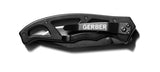 A black Gerber Paraframe Mini Tanto Folding Knife by Gerber, featuring a black titanium nitride-coated, partially serrated blade, ergonomic metal handle, and belt clip.