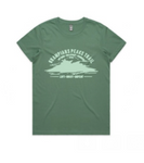A women's green Absolute Outdoors Grampians Peaks Trail Women's Tee featuring a hand-drawn design of a lake, printed by Machine Printers.