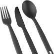 Three Sea to Summit Camp Cutlery, including lightweight black plastic forks and spoons, on a white background.