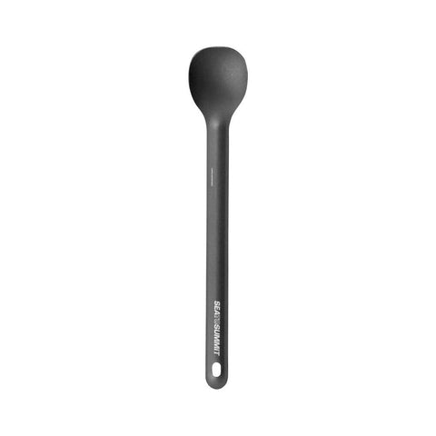 A Sea to Summit Alphalight Long Spoon made from ultralight aircraft aluminium, showcasing a sleek black design with a round head and a small hole at the end of its handle.