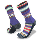 A pair of Wilderness Wear Merino Fusion Light Socks with multi colored stripes.