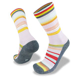 A pair of women's Wilderness Wear Merino Fusion Light socks with colorful stripes and elasticated arch support.