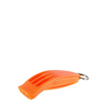 A bright orange Lifesystems Hurricane Whistle with a silver keyring attachment that stands out as the loudest whistle, designed to perform reliably in all weather conditions.